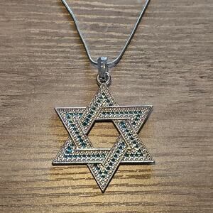 Silver Jewish Star Pendant Necklace Large with Textured Blue Green Rhinestones
